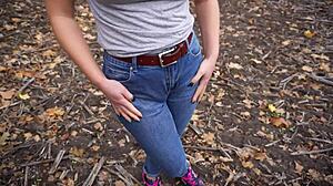 milf teases her big cameltoe through tight jeans outside