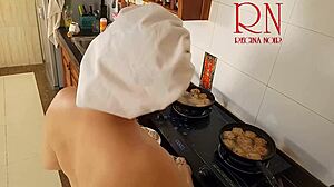 Naked housewife regina noir cooks nude in kitchen