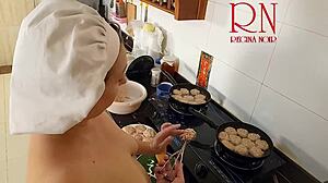 Naked housewife regina noir cooks nude in kitchen