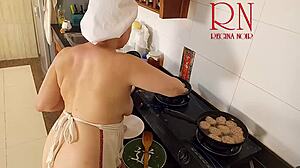 Naked housewife regina noir cooks nude in kitchen