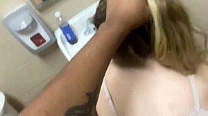 Public Bathroom Humiliation As Blonde Slave Chokes On Big Black Cock