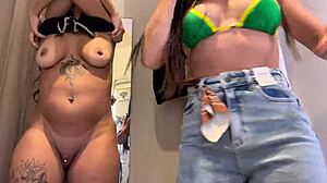 brazilian lesbian nerds passionately suck each other in store fitting room