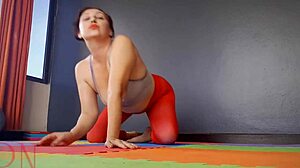 Regina Noir Stretches in Transparent Red Yoga Leotard at Gym
