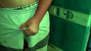 Asian boy strokes cock to thick solo handjob creampie