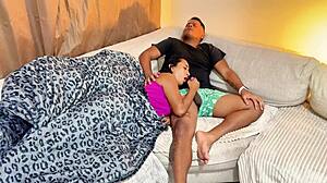 mommy and stepson grind wet on shared sofa