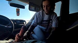 brunette babe deepthroats monster cock in taxi pays with mouthful cum