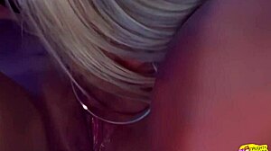 Blonde babe with huge tits fingered before big strapon fuck