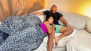 mommy and stepson grind wet on shared sofa