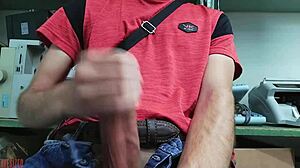 skinny girl strokes monster cock at desk naked