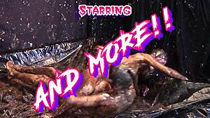 Glamorous babes slip and slide in messy mud wrestling chaos