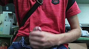 skinny girl strokes monster cock at desk naked