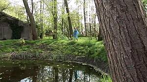 Masked men ravage Deniska's shaved pussy and big tits in outdoor perverted games!