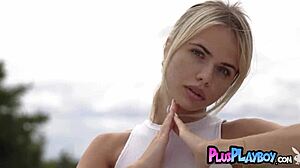 Stunning blonde teen model Alexandra Smelova strips naked outdoors