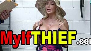 Golddigger milf shoplifter wrecked by two mall cops in ffm threesome, loving every rough thrust.