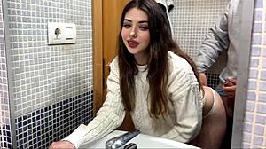 Landlord fucks horny latina tenant quick in bathroom while bf cooks