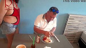 naked waitress serves guest pussy from her navel in restaurant backstage!