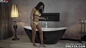 lustful shalina devine licks dildo toys her pussy solo before lesbian bath masturbation