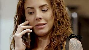 Busty babysitter Lumi Ray flashes perky pierced nipples and tats to seduce boss Derrick Pierce then fucks hard