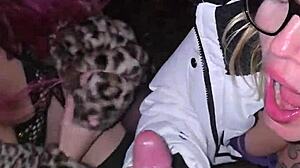 two sluts suck cock swallow cum in garden