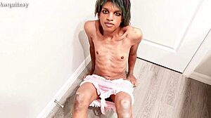 whoa, check this sexy skinny ts sissy femboy cumming wildly while clipping nails, castrated ebony trans beauty!