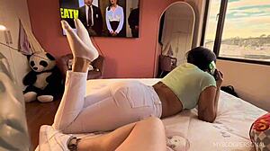 Hard fuck with neighbor teen while she chats horny boyfriend on phone rip jeans ass