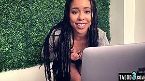 check out small titted ebony teen kira noir fingering her trimmed pussy while watching porn