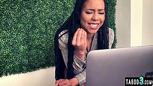 check out small titted ebony teen kira noir fingering her trimmed pussy while watching porn