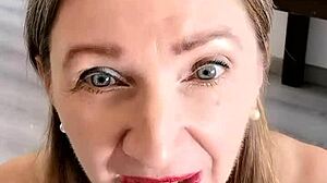 Mature milf handles workplace duties with horny POV blowjob.