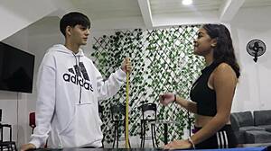 stepsister gets horny playing pool with stepbro and begs for table fuck