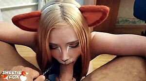 Kitsune deepthroats cock then gulps cum