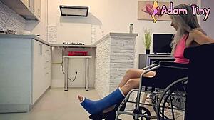 Wheelchair Slut with Broken Ankle Begs Help But Gets Sloppy Facial Cumshot Instead!