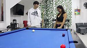 stepsister gets horny playing pool with stepbro and begs for table fuck