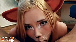 Kitsune deepthroats cock then gulps cum