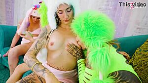 hey tattooed lesbians, dildos make us cum hard