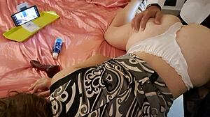 White Slut Sucks Rims Fucks in Satin Lingerie Thong Heels Stockings