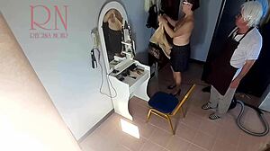 hidden cam barber makes nude lady strip for kinky haircut