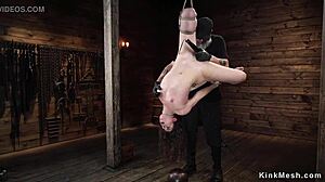 Brunette Slave Hogtied Choked Whipped in Inverted Leg Bondage