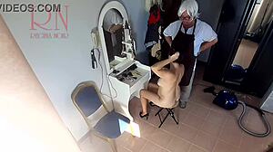 hidden cam barber makes nude lady strip for kinky haircut