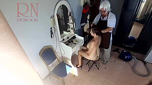 hidden cam barber makes nude lady strip for kinky haircut