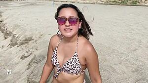 Stranger spies beach beauty convinces her for savage apartment pounding