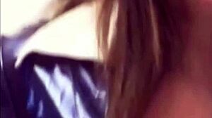 brune babe squeezes into shiny tight purple pvc panties