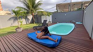 Petite brazilian maid's big clit ass pounded by two guys