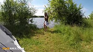 Cheating milf wife rides cock caught by husband outdoors