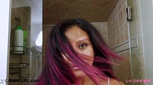 SHY BRUNETTE PEEKING FROM SHOWER IN TIGHT PETITE MILF CASTING