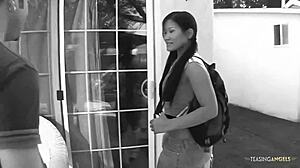 shaved asian babe bends for interracial doggystyle facial after morning ride