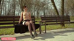 jeny smith spanks stockings in public spring outdoor garter belt flash