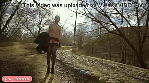 jeny smith spanks stockings in public spring outdoor garter belt flash