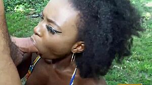 Ebony babe sucks boyfriend's huge white cock poolside at hotel