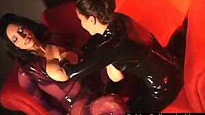 rubberdoll pegs bound jewell marceau in tight latex catsuits