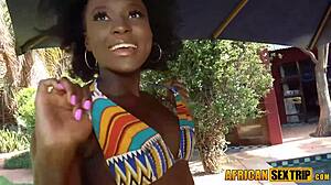 Ebony babe sucks boyfriend's huge white cock poolside at hotel